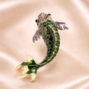 Green Koi Fish Gold Brooch
